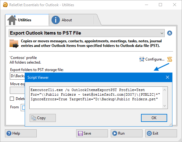 Export Outlook Items to PST Format command line.