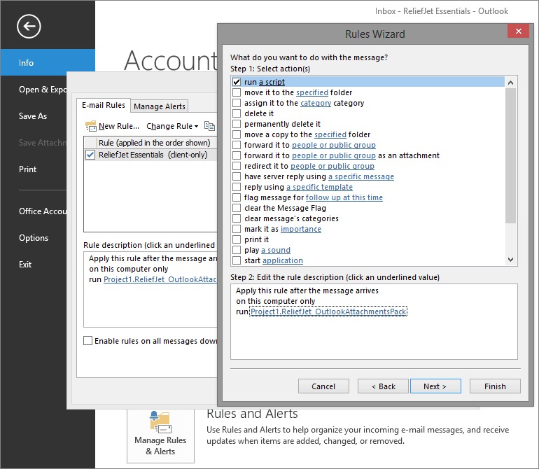 ReliefJet Essentials integrates with Outlook rules using VBA scripts.